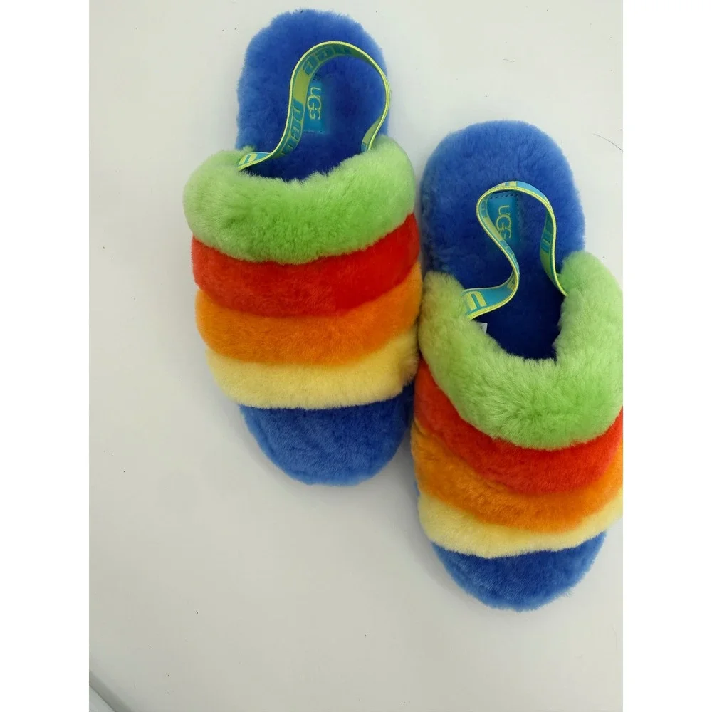 UGG Fluff Yeah Kids Rainbow Stripe Blue Faux Fur Slingback Summer Slides  Size 6